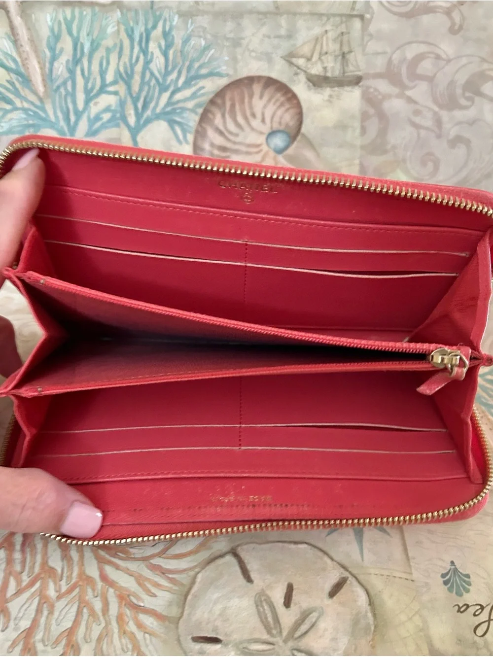 CHANEL Pink/Coral Quilted Chevron Zip Wallet